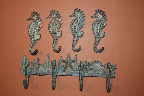 5), Seahorse Bathroom Decor, Free Shipping, Coastal Vintage-look, Seahorse Towel hooks, Seahorse Bath hooks, Cast Iron, H-32,N-25