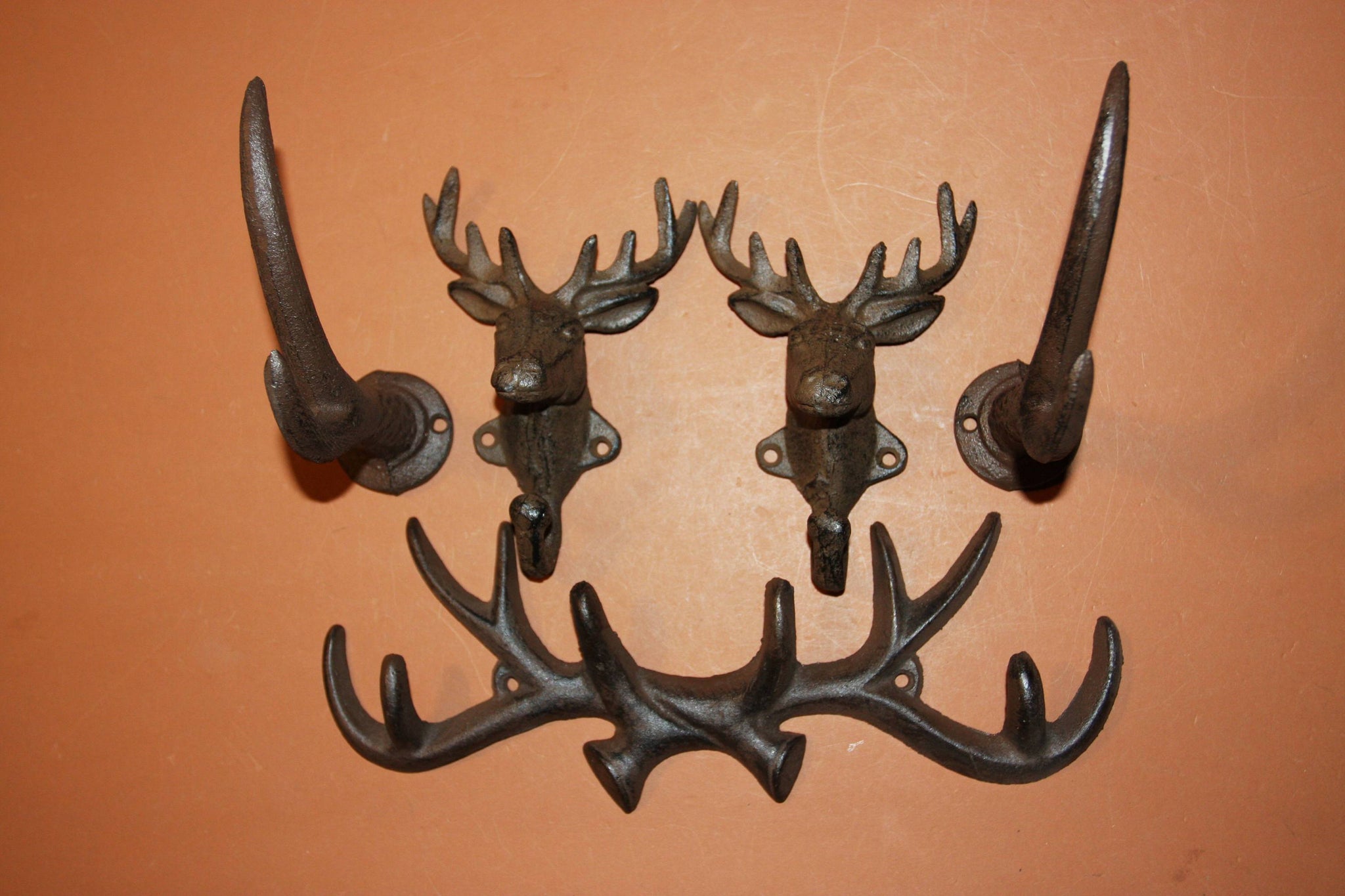 5) Deer Hunter Bathroom Wall hook Set, Free Shipping, Antler Towel Hooks, Antler Bath Hooks, Antler Coat Hooks, Cast Iron, Rustic