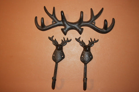 3) Deer Hunter Bathroom Decor, Free Shipping, Antler Towel hooks, Deer Hunter Towel hooks, Rustic Cast Iron Antler, W67/W36
