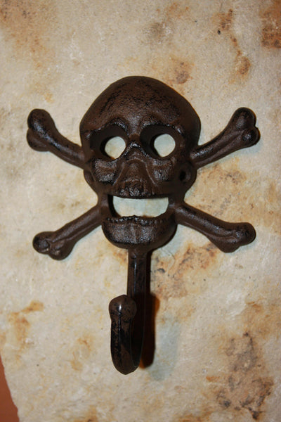 Biker Club Gift, skull and crossbone towel hook, skull bath decor, cast iron skull wall hook, biker wall decor, free shipping, H-66