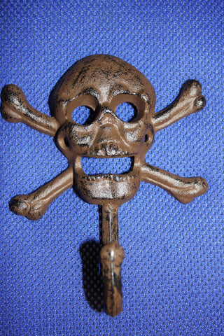 Biker Club Gift, skull and crossbone towel hook, skull bath decor, cast iron skull wall hook, biker wall decor, free shipping, H-66