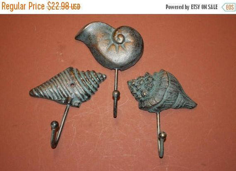 3)  Seashell Towel Hook Set, Antique-look Seashell Wall Hooks, Cast Iron, Seashell Coastal Living Decor, Bronze-look, free shipping