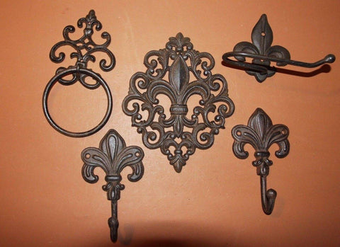 Classic Fleur De Lis Vintage Design Cast Iron Bath Accessories, Toilet Paper Holder, Towel Ring, Towel Hooks, Monroe, Set of 5