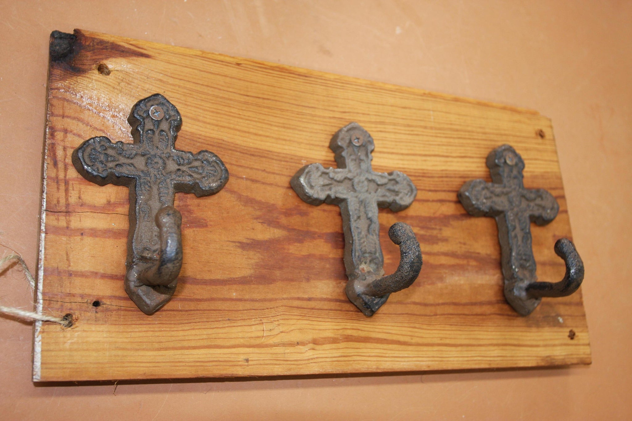 Old World Mission Cross Bath Decor Bath Towel Hooks, Handmade in USA, Cast Iron, 100 Year Old Wood, The Country Hookers, CH-9