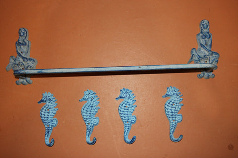 5) Aqua Color Vintage Look Mermaid Bath Accesory Set, Mermaid Towel Bar Seahorse Towel Hooks Solid Cast Iron
