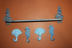 5) Mermaid Sealife Ocean Bath Decor, Aqua Cast Iron Mermaid Towel Rack Bar Seahorse Towel Hooks Seashell Wall Hooks, Set of 5,  MM