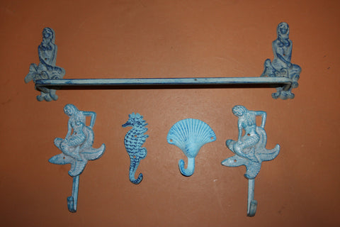 5) Mermaid Aqua Ocean Beach Bath Set, Cast Iron Mermaid Towel Rack Bar Sealife Towel Hooks Mermaid Wall Hooks, Set of 5,  MM