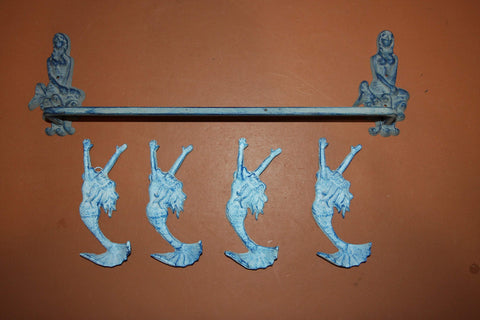 5) Aqua Color Vintage Look Mermaid Bath Decor, Mermaid Towel Bar Towel Hooks Solid Cast Iron Set of 5 pieces