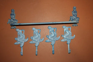 5) Aqua Color Mermaid Bath Towel Bar Towel Hooks Bath Accessory Set, Solid Cast Iron, MM