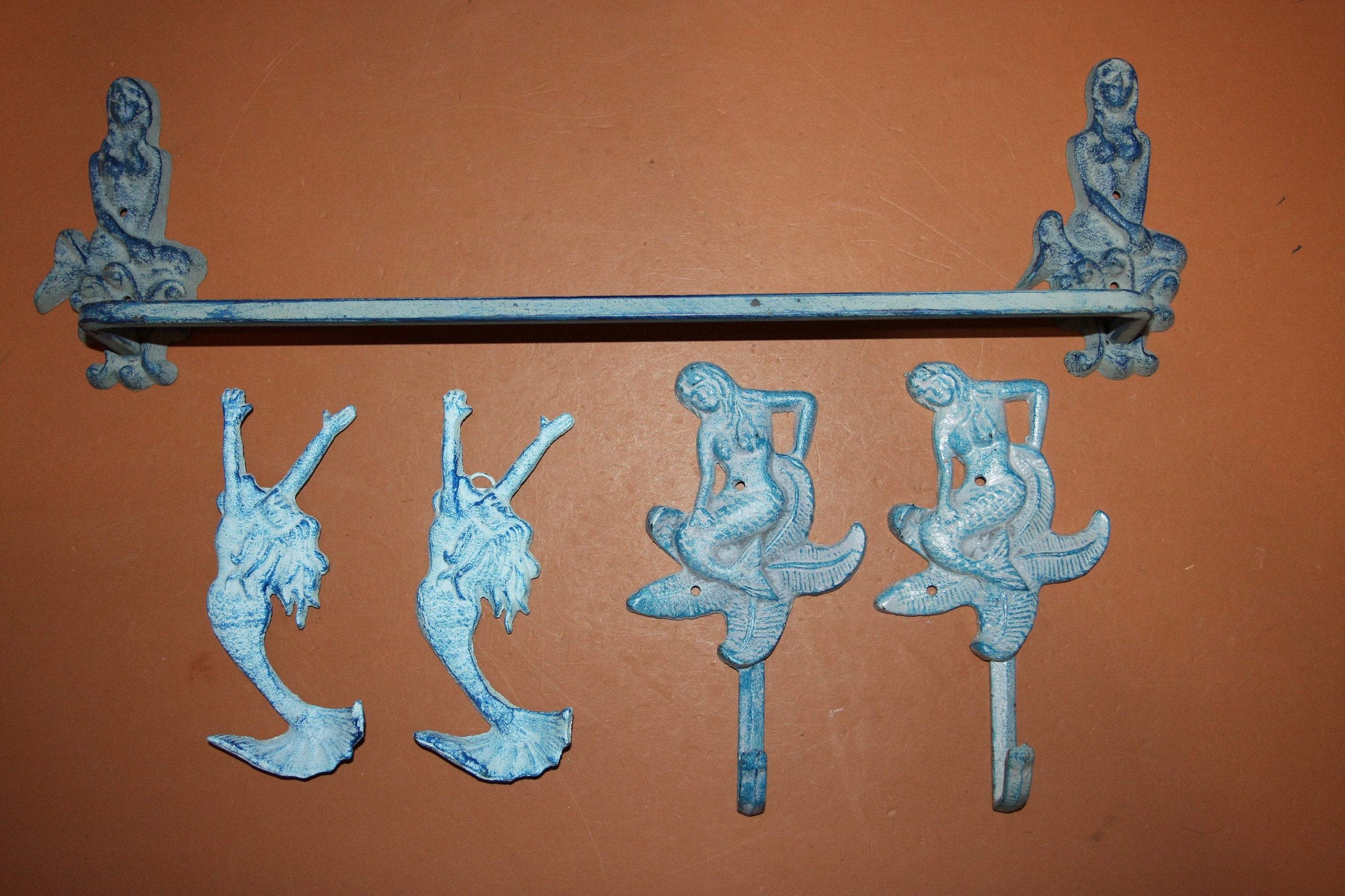 5) Antique Style Mermaid Bath Decor, Aqua color cast iron Mermaid Towel Bar Rack Mermaid Towel Bathrobe Wall Hooks, Set of 5,  MM