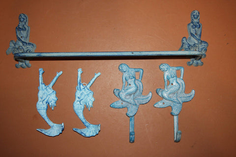 5) Antique Style Mermaid Bath Decor, Aqua color cast iron Mermaid Towel Bar Rack Mermaid Towel Bathrobe Wall Hooks, Set of 5,  MM