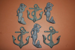 6) Antiqued Look Coastal Mermaid Wall Hooks, Anchor Coat Hat Towel Hooks, Bronze Look Cast Iron, Mermaid Sailor Home Decor