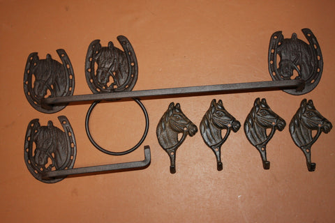 7) Rustic Equestrian Bathroom Decor Cast Iron Bath Accessories Towel Bar TP Holder Robe Towel Hooks