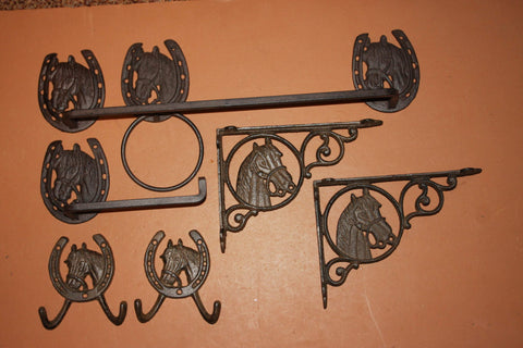 7) Western Horse Cast Iron Bathroom Decor Set of 7, Towel Bar Ring, Toilet Paper Holder, Bath Shelf Brackets, Towel Hooks, 1-H