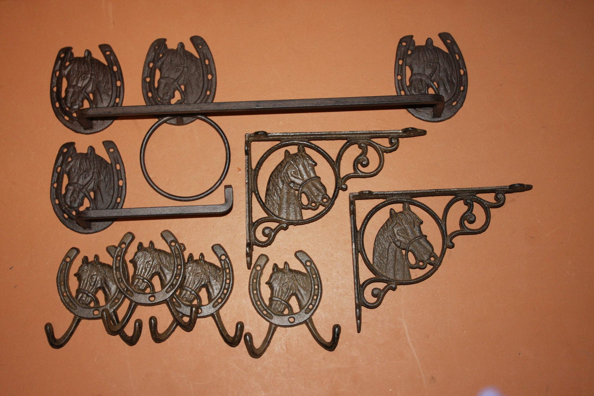 9) Rustic Western Horse Bath Accessories Cast Iron Set of 9 Towel Bar Ring TP Holder Towel Hooks Bath Shelf Brackets, 2-H