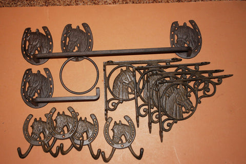 11) Equestrian Bath Accessories  Vintage Look Cast Iron Set of 11 Towel Bar Ring TP Holder Towel Hooks Bath Shelf Brackets, 3-H