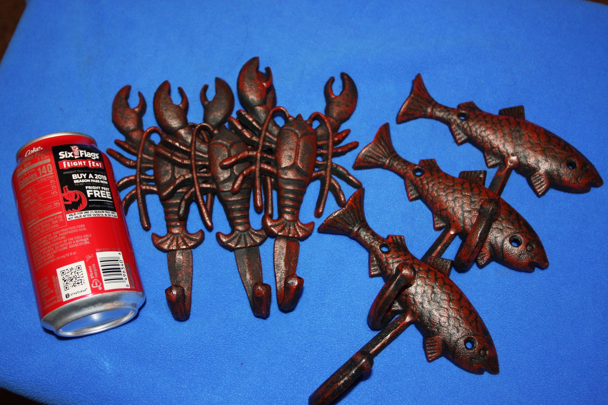 6) Cajun Kitchen Crawfish Towel Hooks Red Bronze Look Cast Iron