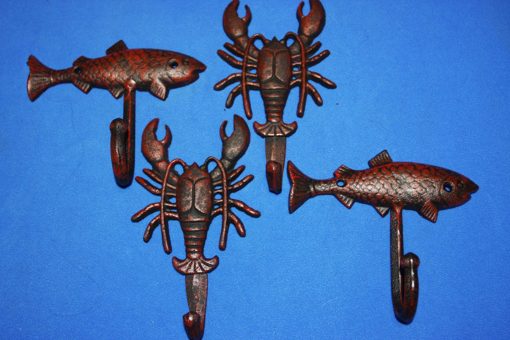 4) Cajun Kitchen Towel Hooks Red Bronze Look Cast Iron, Crawfish Redneck Lobster Mudbugs Redfish Towel Hooks