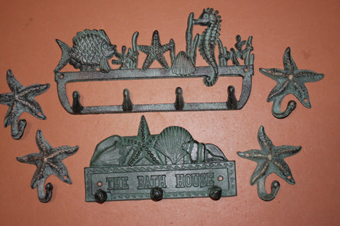 6) Nautical Bath House Bronze Look Cast Iron Towel Robe Purse Wall Hooks, Sea Breeze