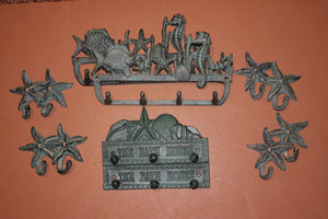 12) Nautical Bath House Bathroom Decor, Bronze Look Cast Iron Starfish Sealife Towel Robe Purse Wall Hooks, Sea Breeze