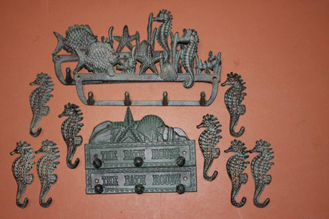 12) Beach House Bathroom Decor, Bronze Look Cast Iron Towel Wall Hooks, Set of 12, Sea Breeze