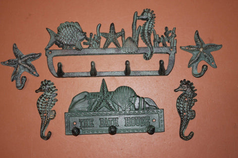 6) Beach House Wall Hooks Set Bronze Look Cast Iron, Towels Keys Coats Hats Jewelry Purses Leashes Wall Hooks, Sea Breeze