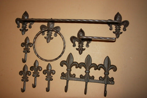 8) Cajun Creole Bath Decor Vintage Look Cast Iron Bathroom Accessories, Towel Rack Bar Wall Hooks, TP Holder, Euro Cellection