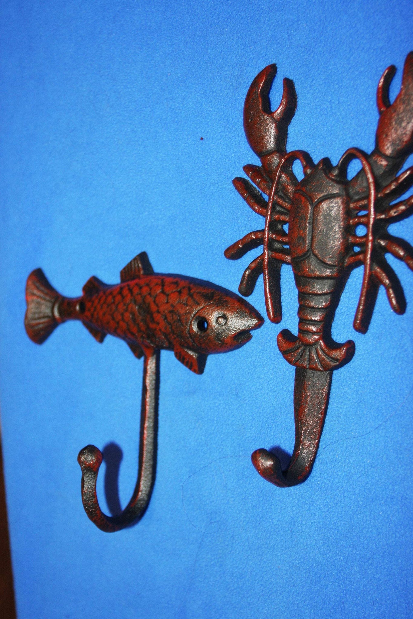 2) Mudbug Towel Hooks Red Bronze Look Cast Iron Fish Wall Hooks