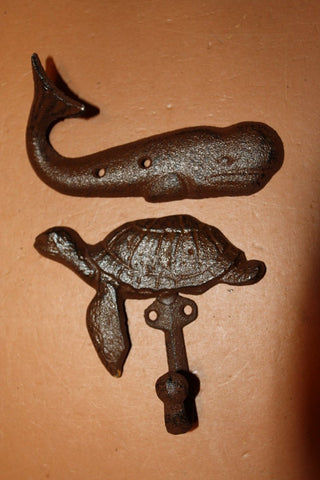 2) Rustic Nautical Beach house Bathroom Decor ~ Cast Iron Sea Turtle & Whale Towel Hooks Set,  H-102 103