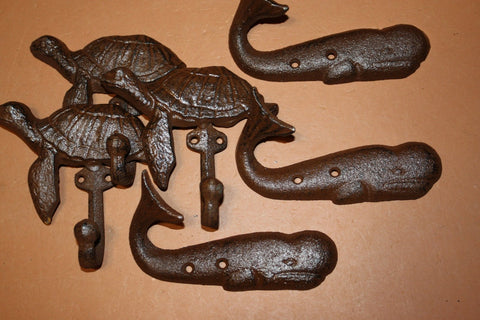 6) Rustic Nautical Beach house Bathroom Decor ~ Cast Iron Sea Turtle & Whale Towel Hooks Set,  H-102 103
