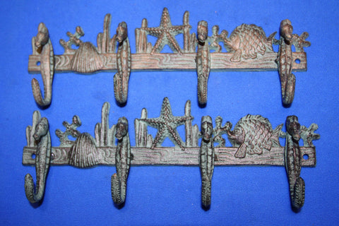 2) Ocean Theme Bathroom Decor ~ Towel Hooks Bar Cast Iron 11 1/4&quot; long, Antique Style Bronze-look, Set of 2 ~ H-32
