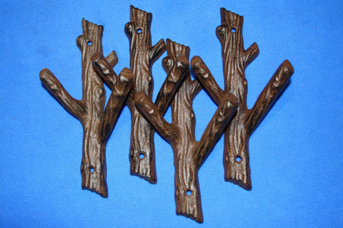 4) Cabin Bathroom Decor, Tree Branch Towel Hooks, Cast Iron, 7 1/2&quot; tall, Set of 4, H-42
