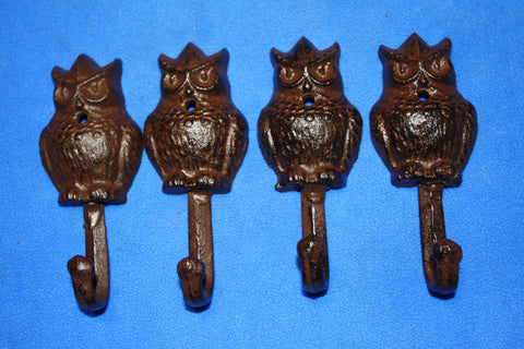 4) Owl Bath Towel Hooks Vintage-look Cast Iron, 5&quot; tall, Nature Forest Wildbirds Bath Decor, Set of 4, H-43