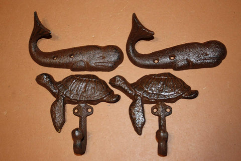 4) Rustic Nautical Beach house Bathroom Decor ~ Cast Iron Sea Turtle & Whale Towel Hooks Set,  H-102 103