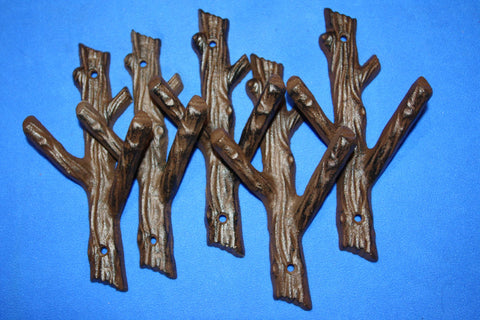 5) Rustic Nature Bathroom Decor, Tree Branch Towel Hooks, Cast Iron, 7 1/2&quot; tall, Set of 5, H-42