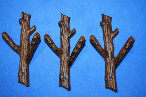 3) Country Cabin Theme Bathroom Decor, Tree Branch Towel Hooks, Cast Iron, 7 1/2&quot; tall, Set of 3, H-42