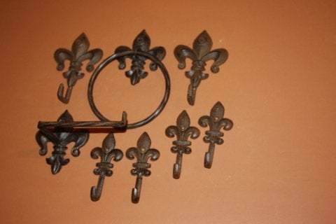 8) Antique-look Fleur De Lis Bath Set, 6 bath towel hooks, 1 towel ring, 1 toilet paper holder, Cast Iron, Cajun Creole New Orleans