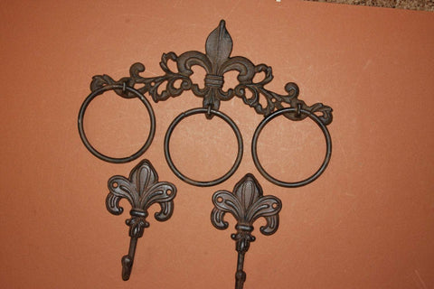 3) Antique-look Fleur Dis Bath Towel Ring Towel Hook Set of 3 pieces Solid Cast Iron