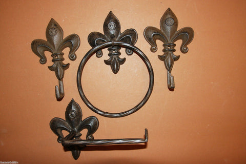 4) Antique-look Cast Iron Fleur De Lis Bath Set, Fleur De Lis Towel Ring Toilet Paper Holder Towel Hooks Set of 4 pieces