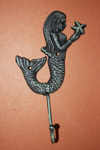 2)pcs, Mermaid bath decor, free shipping, mermaid towel hook, mermaids, cast iron mermaid decor, mermaid wall hook, green, BL-57~