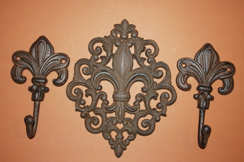 3) pcs, Fleur De Lis bath decor, 9 1/2 inch cast iron Fleur De Lis wall hook, free shipping, Fleur De Lis bath towel hooks, F-10,12