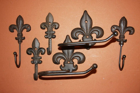 6) Antique Look Fleur De Lis Toilet Paper Holders Towel Hooks Bath Set of 6 pieces, Cajun Creole Saints Orleans Decor, F-4,23,24