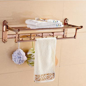 Bathroom Shelves Solid Brass Golder Wall Mount Folding Bath Shelf Towel Bars Rack Home Deco Luxurious Towel Hooks Holder Og522