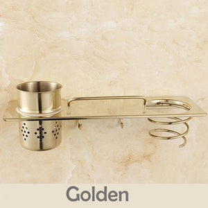 Chrome & Golden Wall Mounted Bathroom Storage Holder Hair Dryer Holder Towel Hooks Commodity Shelf